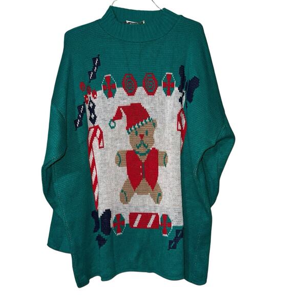 Vintage 80’s Ugly Christmas Sweater Green Teddy Bear Santa Retro Granny Core XL - Picture 1 of 10